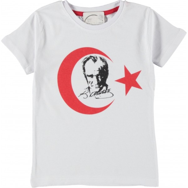 23 Nisan Temalı Öğrenci Tişörtü Beyaz - Atatürk ve Türk Bayrağı Baskılı 