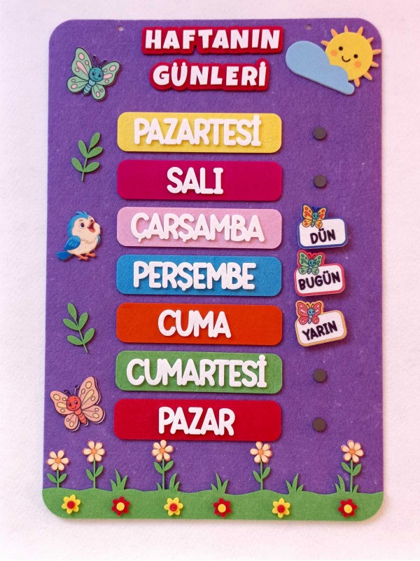 Haftanın Günleri Zeminli Keçe Pano - Çiçekli Model…