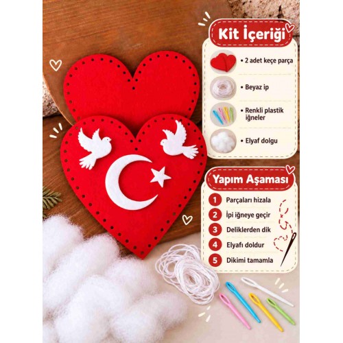 Ay Yıldızlı ve Barış Güvercinli Kalp Keçe Dikiş Seti